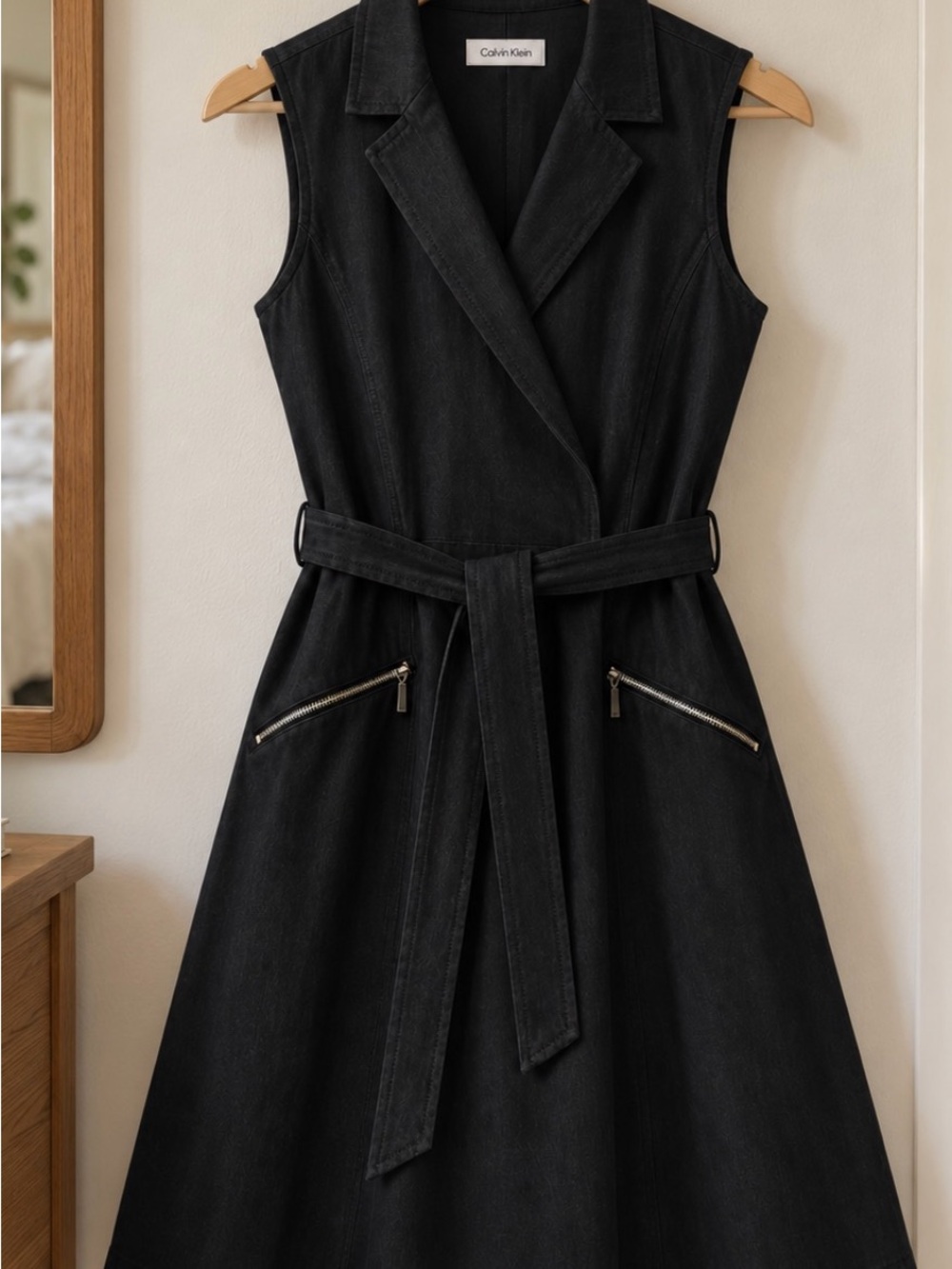 Calvin Klein Black Sleeveless Belted A-Line Dress with Zip Pockets